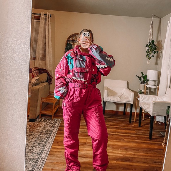 Vintage Jackets & Blazers - Vintage 80s Ski Suit One piece Snowsuit Snow Bib retro Pink Etirel